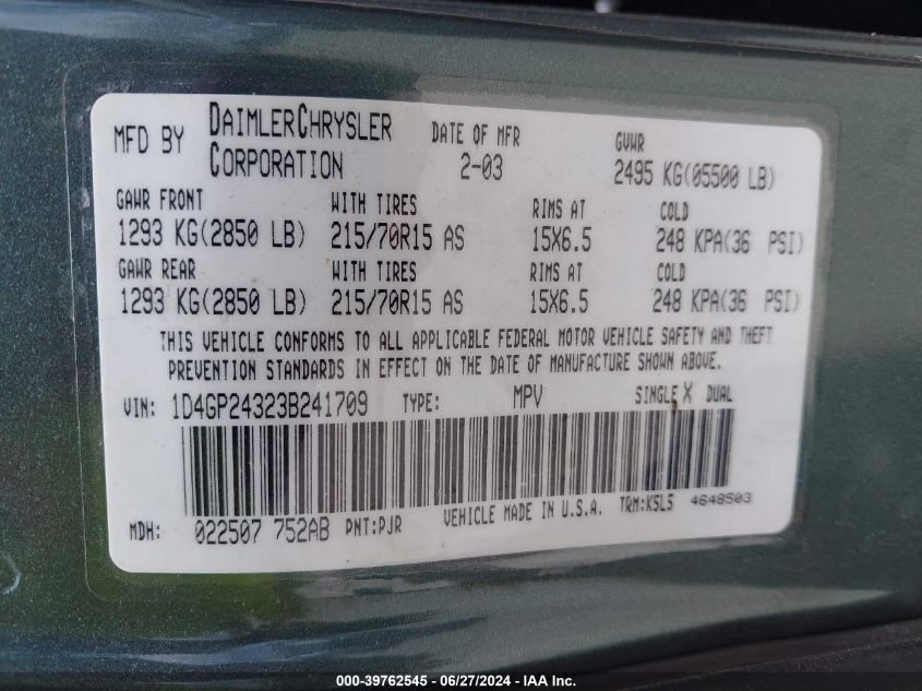 2003 Dodge Grand Caravan Se VIN: 1D4GP24323B241709 Lot: 39762545