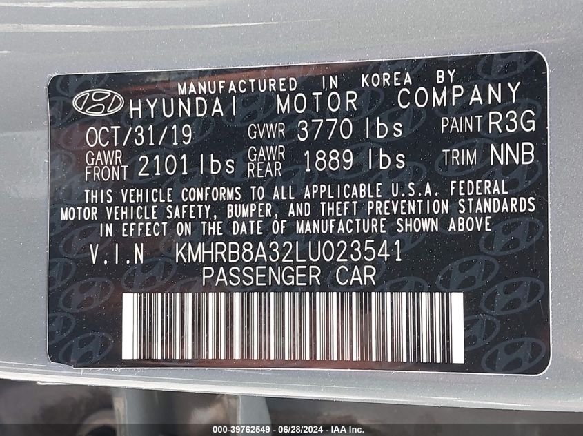 2020 Hyundai Venue Se VIN: KMHRB8A32LU023541 Lot: 39762549