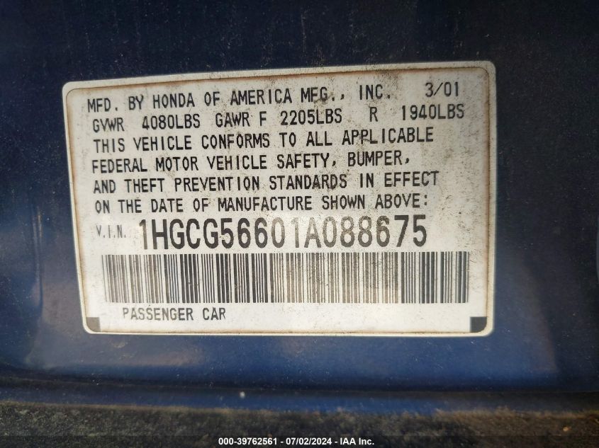 2001 Honda Accord 2.3 Ex VIN: 1HGCG56601A088675 Lot: 39762561