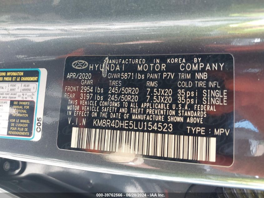 2020 Hyundai Palisade Sel VIN: KM8R4DHE5LU154523 Lot: 39762566