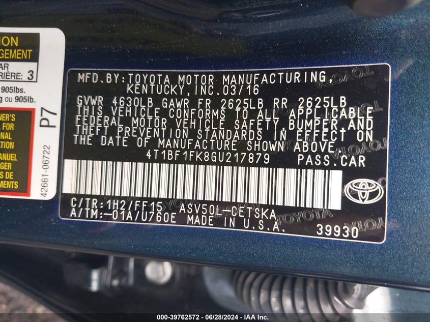 2016 Toyota Camry Se VIN: 4T1BF1FK8GU217879 Lot: 39762572