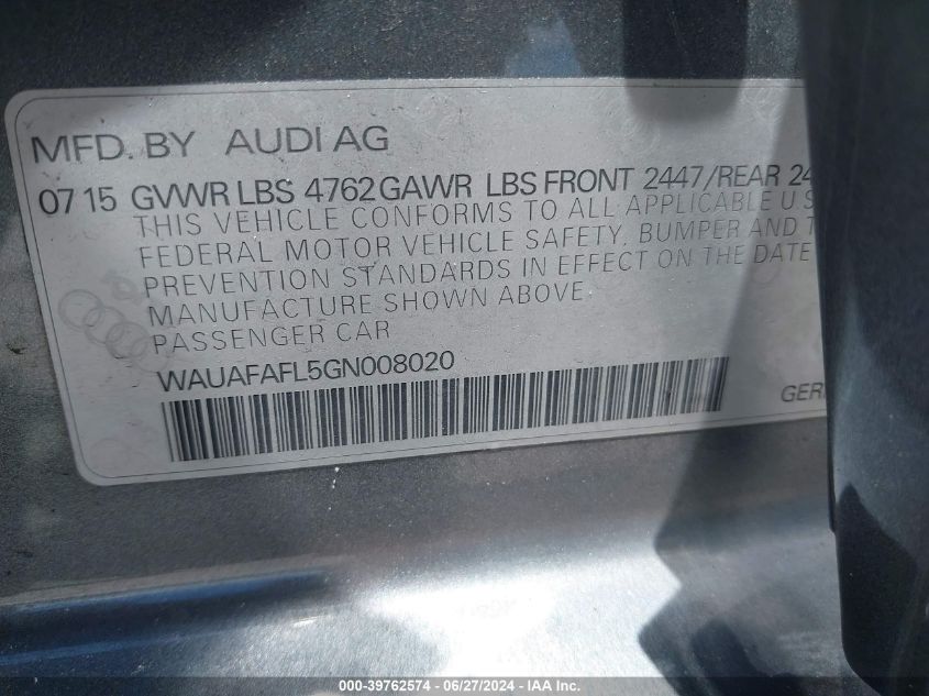 2016 Audi A4 2.0T Premium VIN: WAUAFAFL5GN008020 Lot: 39762574