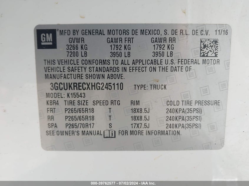 2017 CHEVROLET SILVERADO 1500 2LT - 3GCUKRECXHG245110