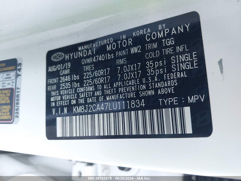 VIN KM8J2CA47LU111834 2020 HYUNDAI TUCSON SE