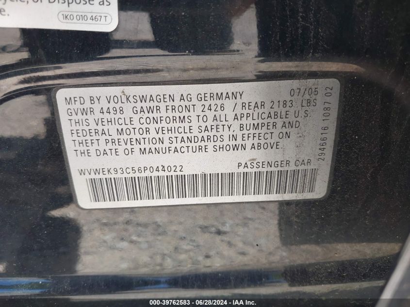 2006 Volkswagen Passat 2.0T VIN: WVWEK93C56P044022 Lot: 39762583