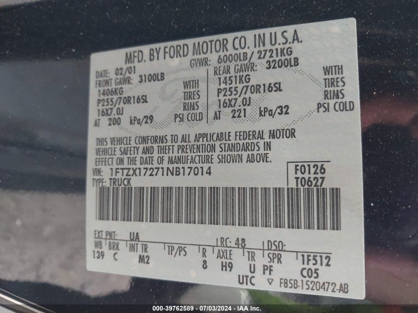 2001 Ford F-150 VIN: 1FTZX17271NB17014 Lot: 39762589