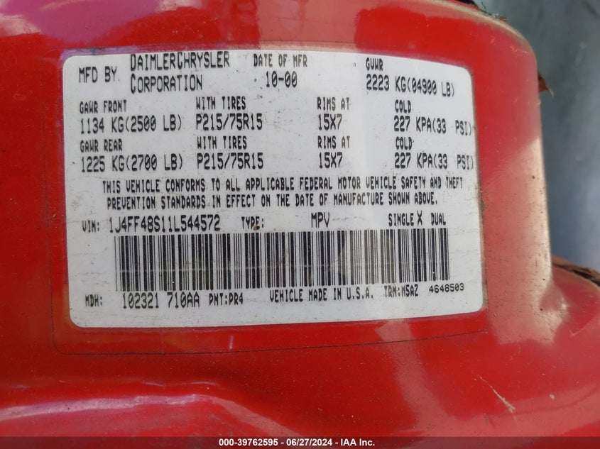 2001 Jeep Cherokee Sport VIN: 1J4FF48S11L544572 Lot: 39762595