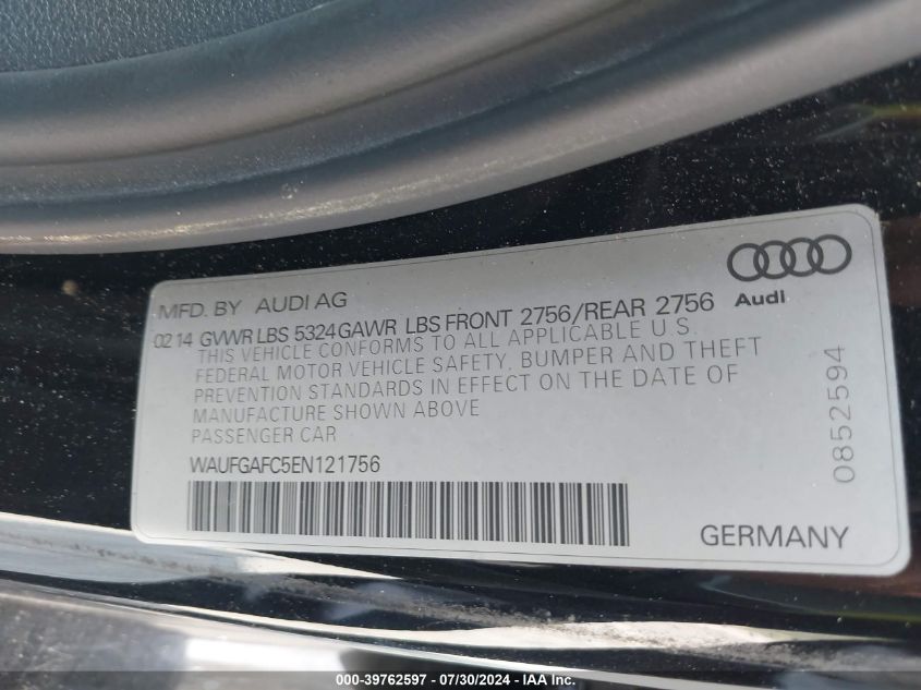 2014 Audi A6 3.0T Premium Plus VIN: WAUFGAFC5EN121756 Lot: 39762597