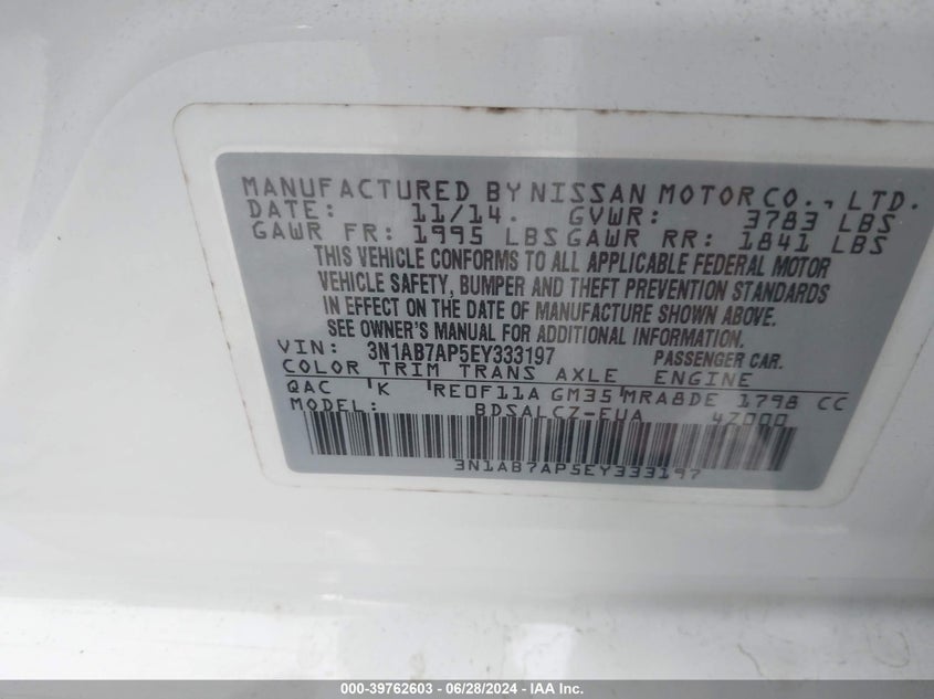 2014 Nissan Sentra S/Sv/Sr/Sl VIN: 3N1AB7AP5EY333197 Lot: 39762603