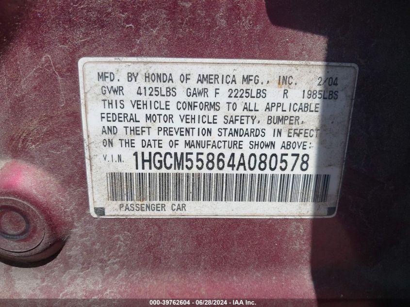 2004 Honda Accord 2.4 Ex VIN: 1HGCM55864A080578 Lot: 39762604