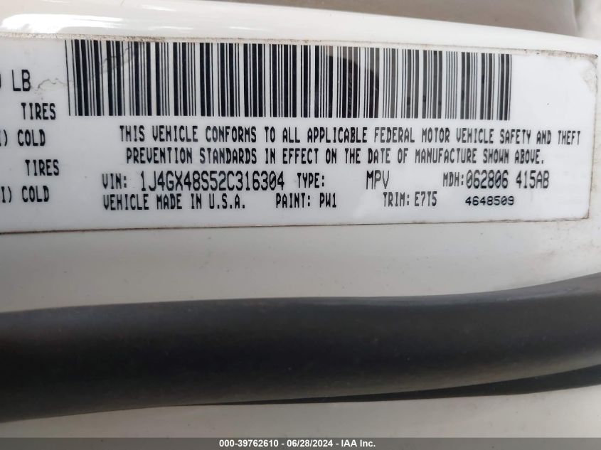 2002 Jeep Grand Cherokee Laredo VIN: 1J4GX48S52C316304 Lot: 39762610