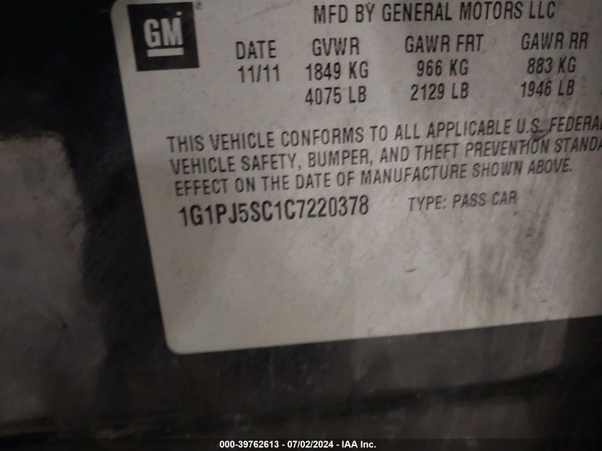 2012 Chevrolet Cruze Eco VIN: 1G1PJ5SC1C7220378 Lot: 39762613