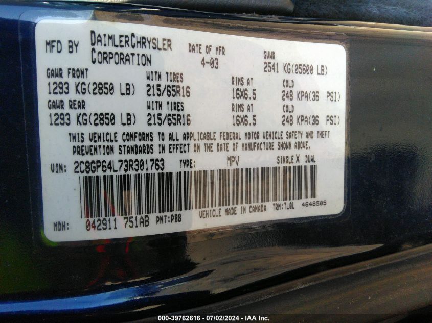 2003 Chrysler Town & Country Limited VIN: 2C8GP64L73R301763 Lot: 39762616