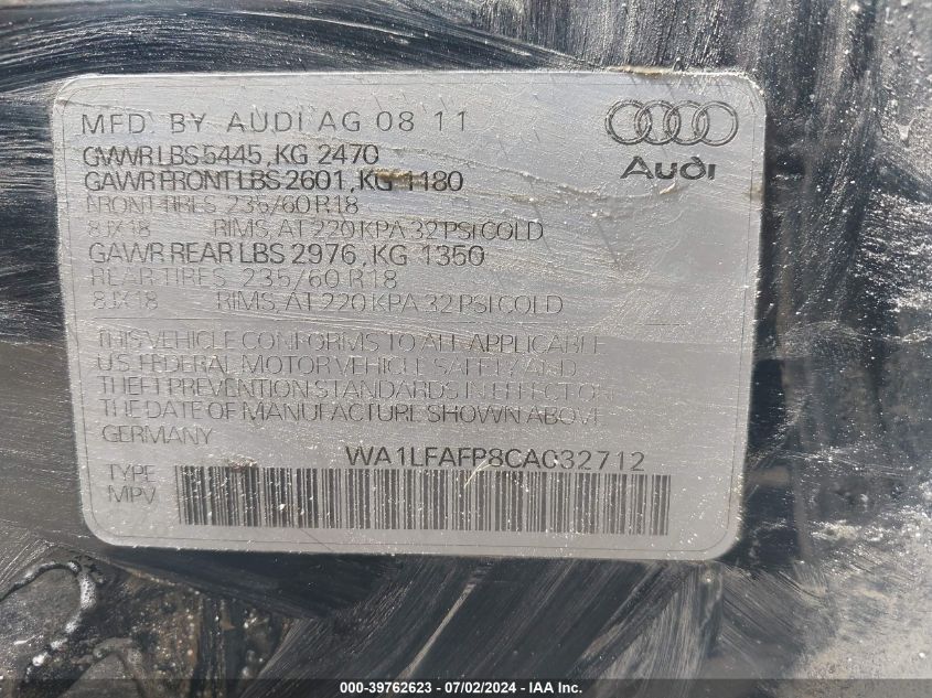 2012 Audi Q5 Premium Plus VIN: WA1LFAFP8CA032712 Lot: 39762623