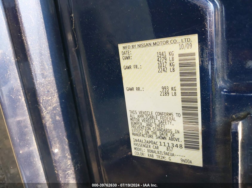 2010 Nissan Altima 2.5 S VIN: 1N4AL2AP0AC111348 Lot: 39762630