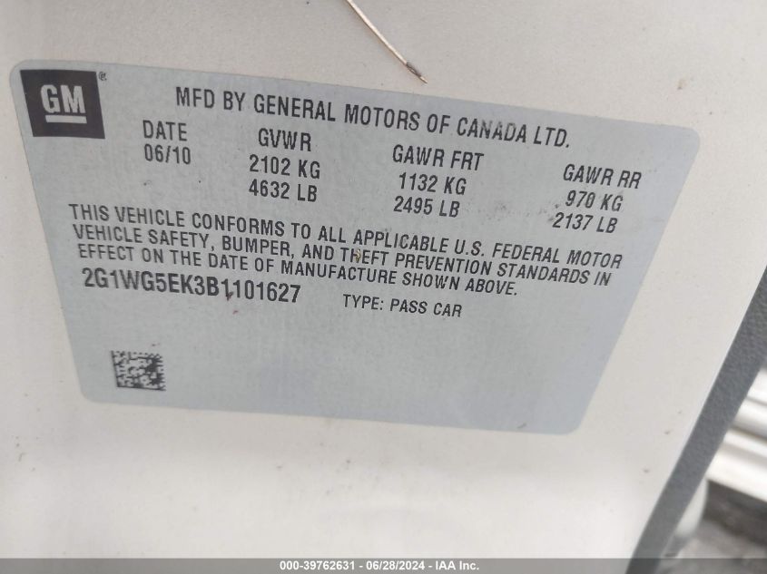 2011 Chevrolet Impala Lt VIN: 2G1WG5EK3B1101627 Lot: 39762631