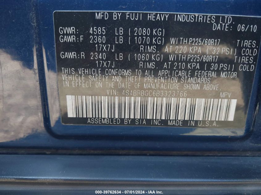 2011 Subaru Outback 2.5I Premium VIN: 4S4BRBGC6B3323766 Lot: 39762634