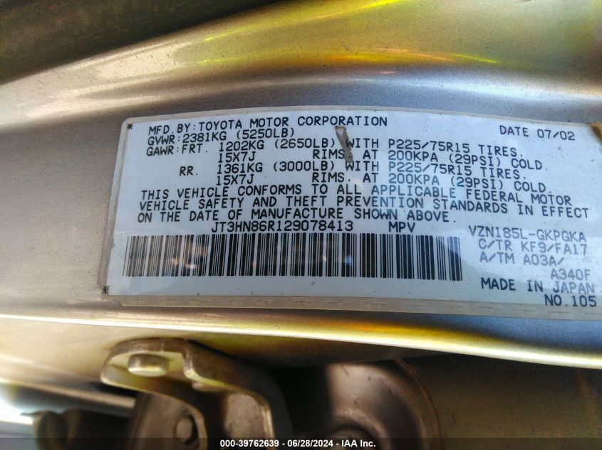 2002 Toyota 4Runner Sr5 V6 VIN: JT3HN86R129078413 Lot: 39762639