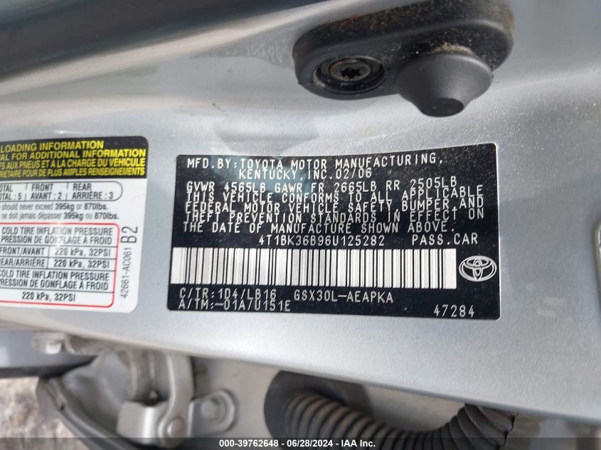 2006 Toyota Avalon Xl/Xls/Touring/Limited VIN: 4T1BK36B96U125282 Lot: 39762648