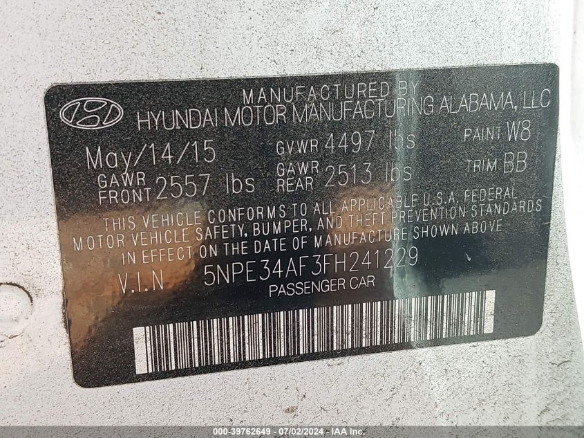 2015 Hyundai Sonata Sport/Limited VIN: 5NPE34AF3FH241229 Lot: 39762649