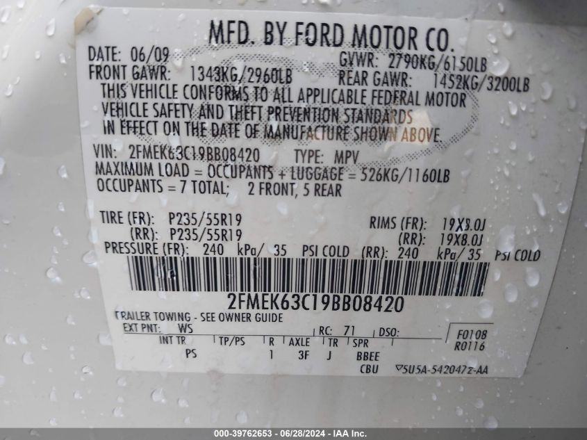 2FMEK63C19BB08420 2009 Ford Flex Limited