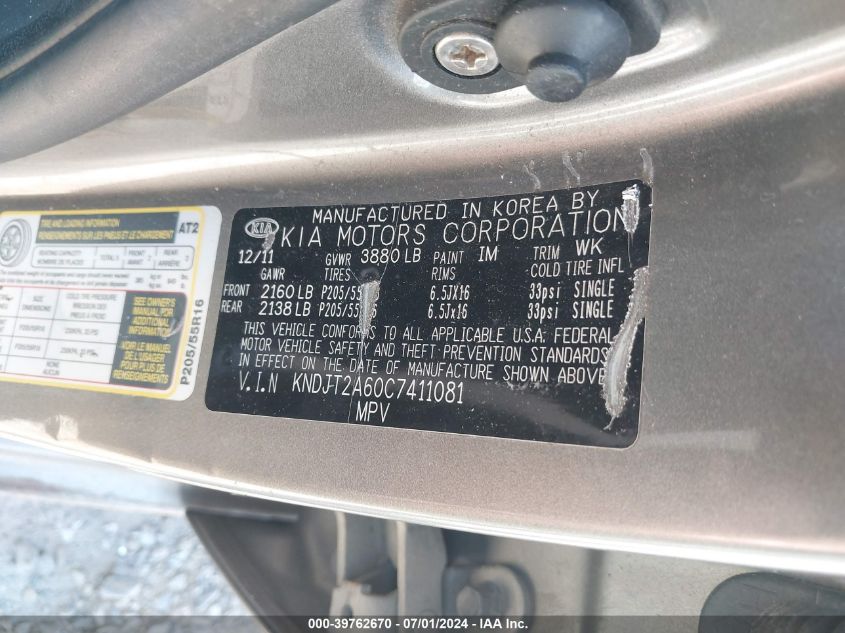 2012 Kia Soul + VIN: KNDJT2A60C7411081 Lot: 39762670