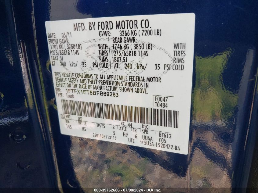2011 Ford F-150 Xlt VIN: 1FTFX1ET5BFB69283 Lot: 39762686