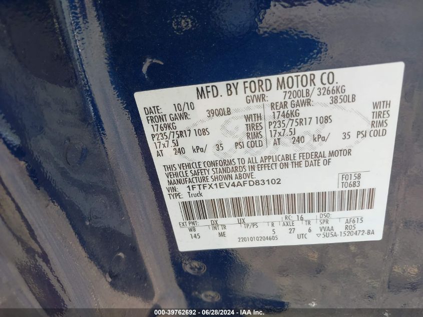 2010 Ford F150 Super Cab VIN: 1FTFX1EV4AFD83102 Lot: 39762692