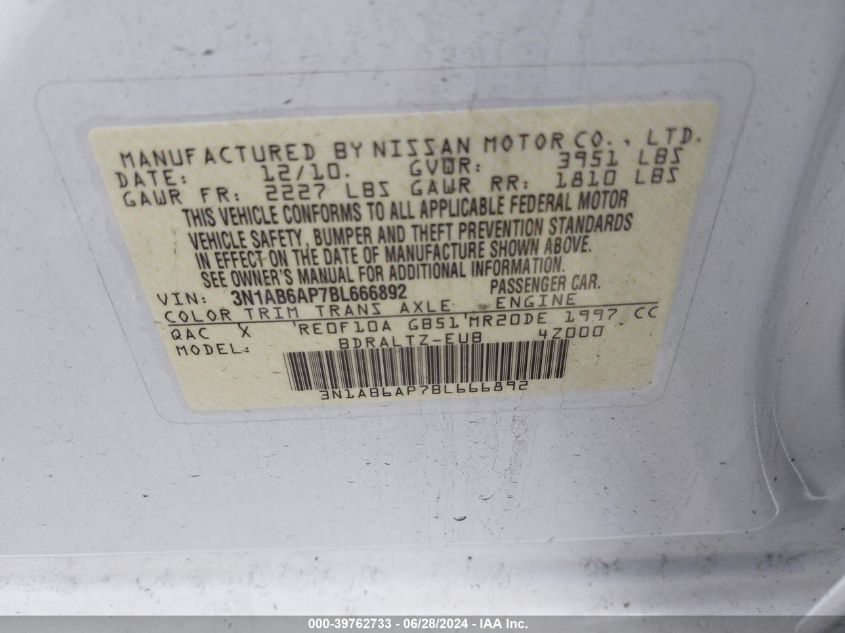 2011 Nissan Sentra 2.0S VIN: 3N1AB6AP7BL666892 Lot: 39762733