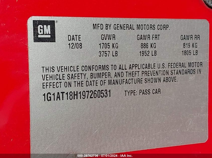 2009 Chevrolet Cobalt Lt VIN: 1G1AT18H197260531 Lot: 39762736