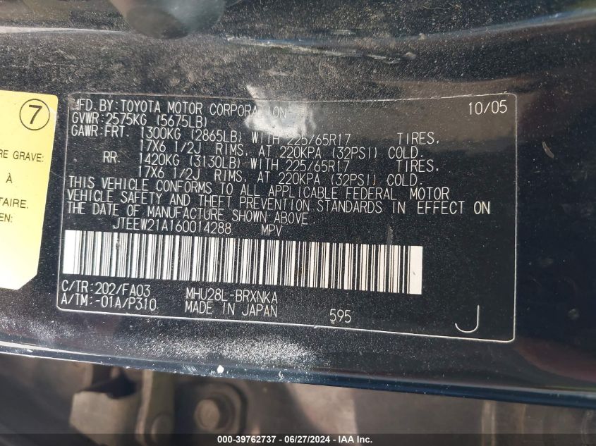 2006 Toyota Highlander Hybrid V6 VIN: JTEEW21A160014288 Lot: 39762737