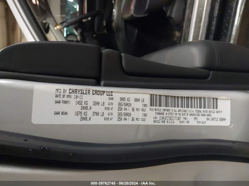 2012 Jeep Grand Cherokee Overland VIN: 1C4RJFCT8CC171367 Lot: 39762745