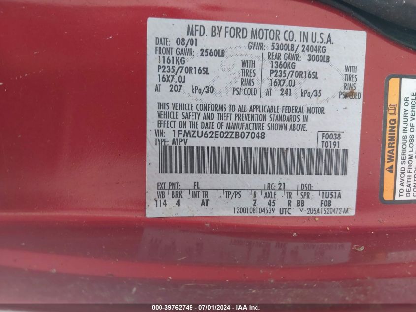 2002 Ford Explorer Xls VIN: 1FMZU62E02ZB07048 Lot: 39762749