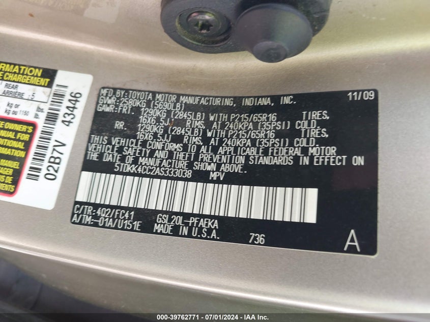 2010 Toyota Sienna Le VIN: 5TDKK4CC2AS333038 Lot: 39762771