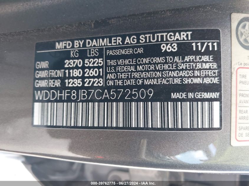 2012 Mercedes-Benz E 350 4Matic VIN: WDDHF8JB7CA572509 Lot: 39762775