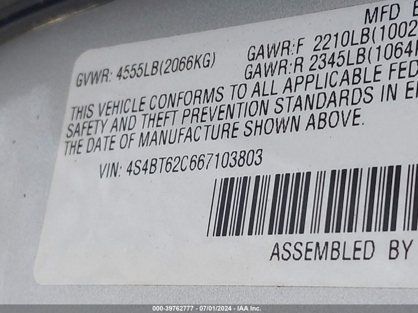 2006 Subaru Baja Sport VIN: 4S4BT62C667103803 Lot: 39762777