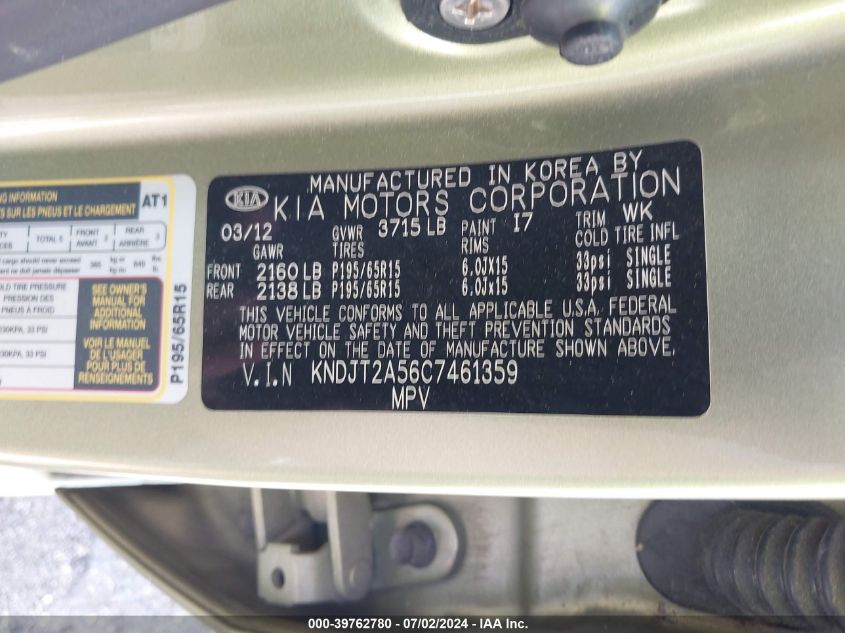 2012 Kia Soul VIN: KNDJT2A56C7461359 Lot: 39762780