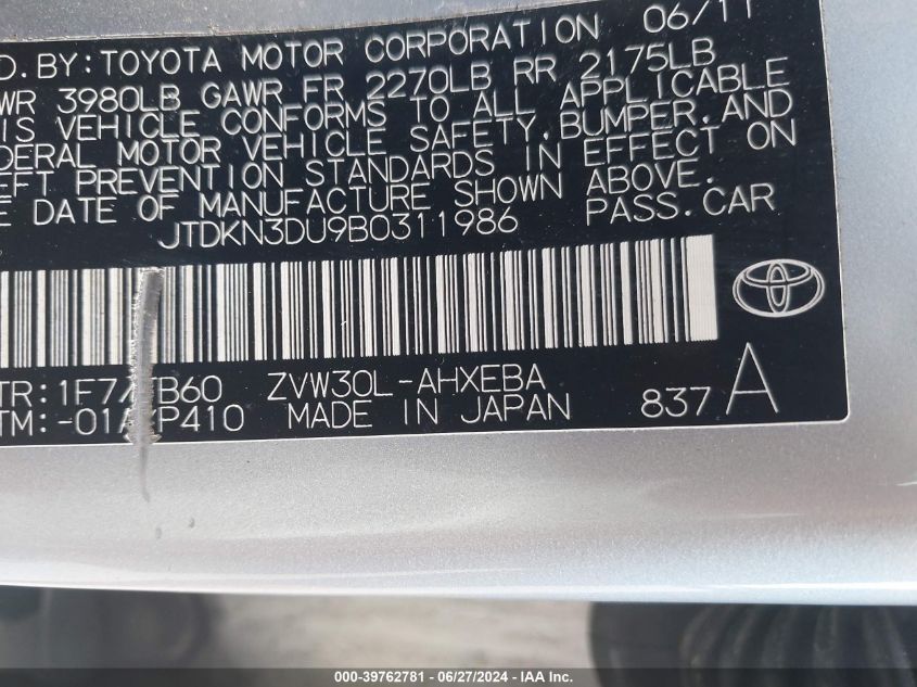 2011 Toyota Prius Three VIN: JTDKN3DU9B0311986 Lot: 39762781