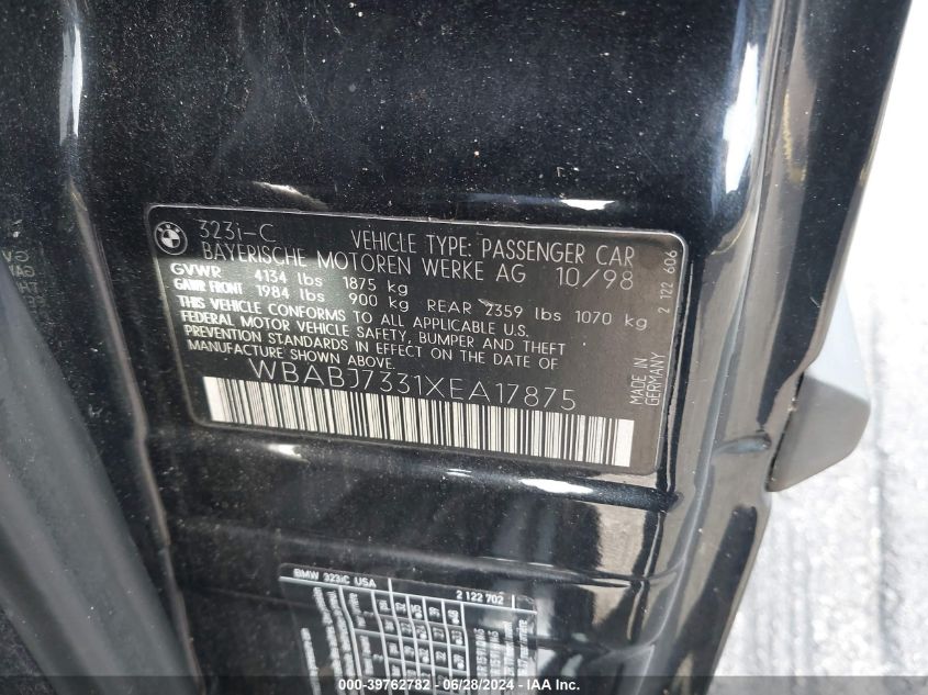 1999 BMW 323Ic VIN: WBABJ7331XEA17875 Lot: 39762782