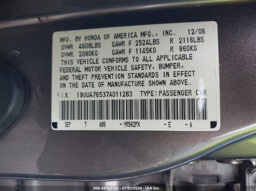 2007 Acura Tl Type S VIN: 19UUA76537A011283 Lot: 39762792