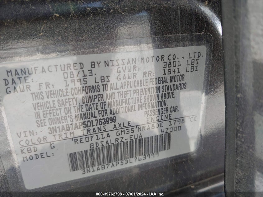 2013 Nissan Sentra Sr VIN: 3N1AB7AP5DL763999 Lot: 39762798