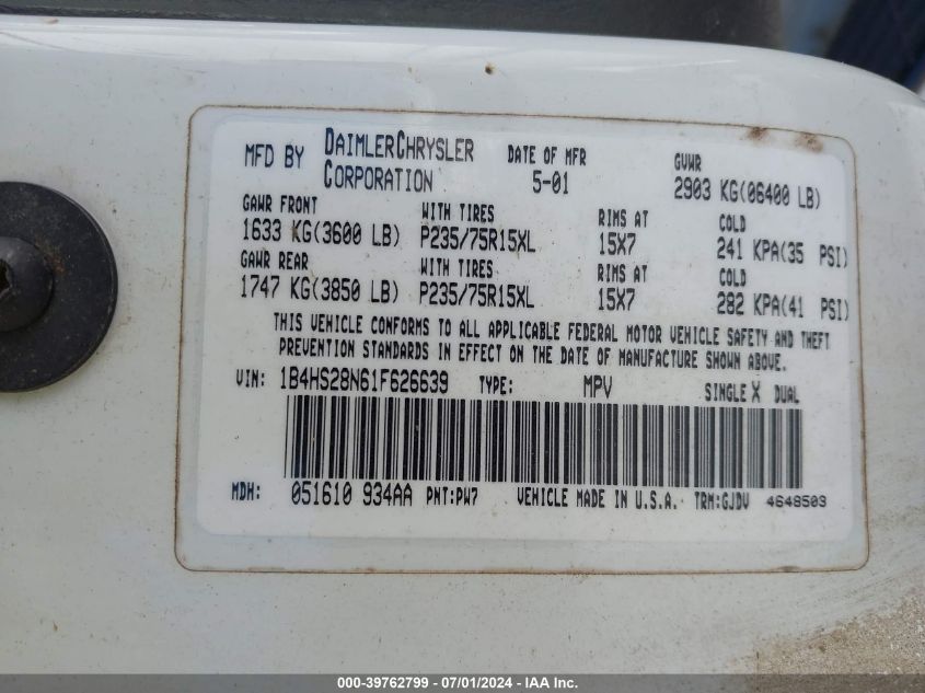 2001 Dodge Durango VIN: 1B4HS28N61F626639 Lot: 39762799