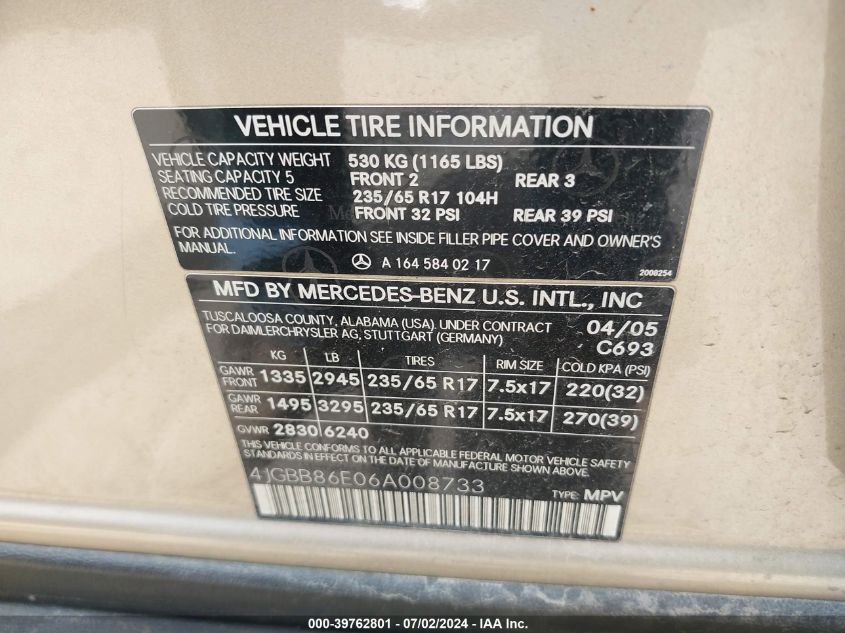 2006 Mercedes-Benz Ml 350 4Matic VIN: 4JGBB86E06A008733 Lot: 39762801