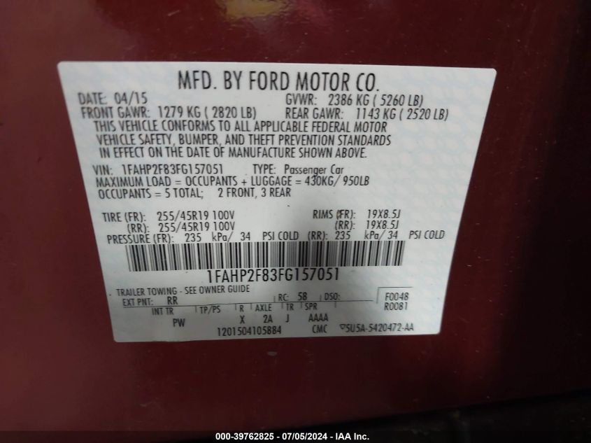 2015 Ford Taurus Limited VIN: 1FAHP2F83FG157051 Lot: 39762825