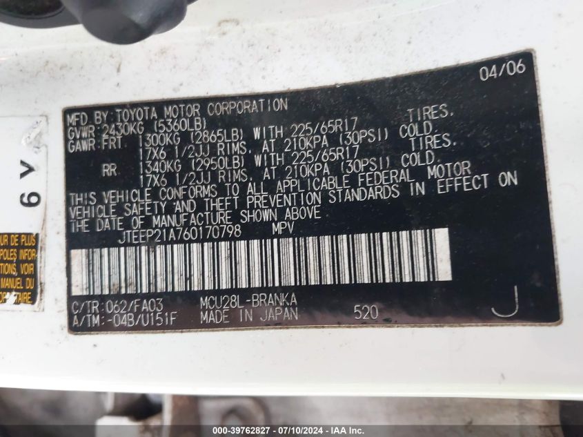 2006 Toyota Highlander Limited VIN: JTEEP21A760170798 Lot: 39762827