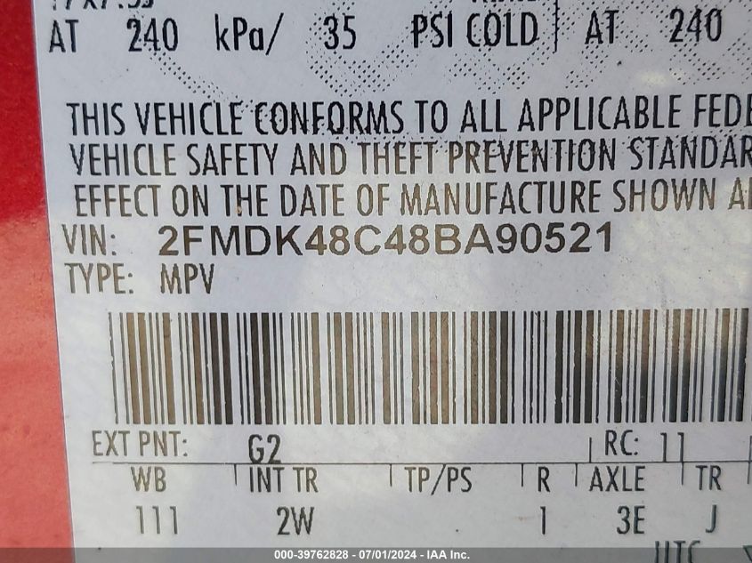 2008 Ford Edge Sel VIN: 2FMDK48C48BA90521 Lot: 39762828