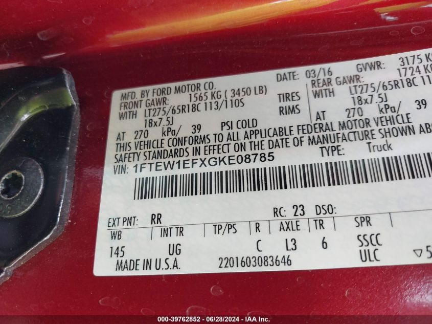 2016 Ford F-150 Xlt VIN: 1FTEW1EFXGKE08785 Lot: 39762852