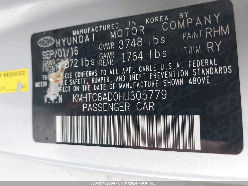 2017 Hyundai Veloster VIN: KMHTC6AD0HU305779 Lot: 39762856