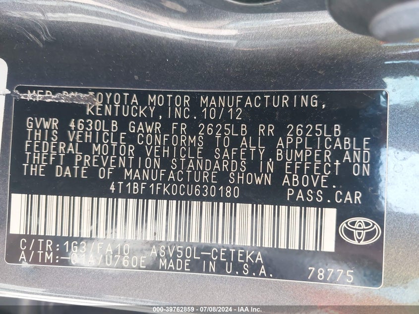 2012 Toyota Camry L VIN: 4T1BF1FK0CU630180 Lot: 39762859