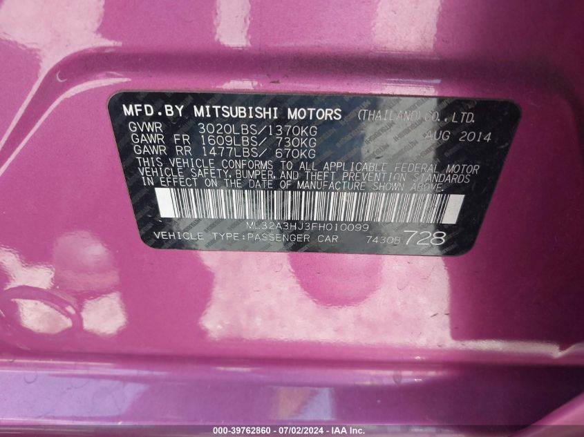 2015 Mitsubishi Mirage De/Rf VIN: ML32A3HJ3FH010099 Lot: 39762860